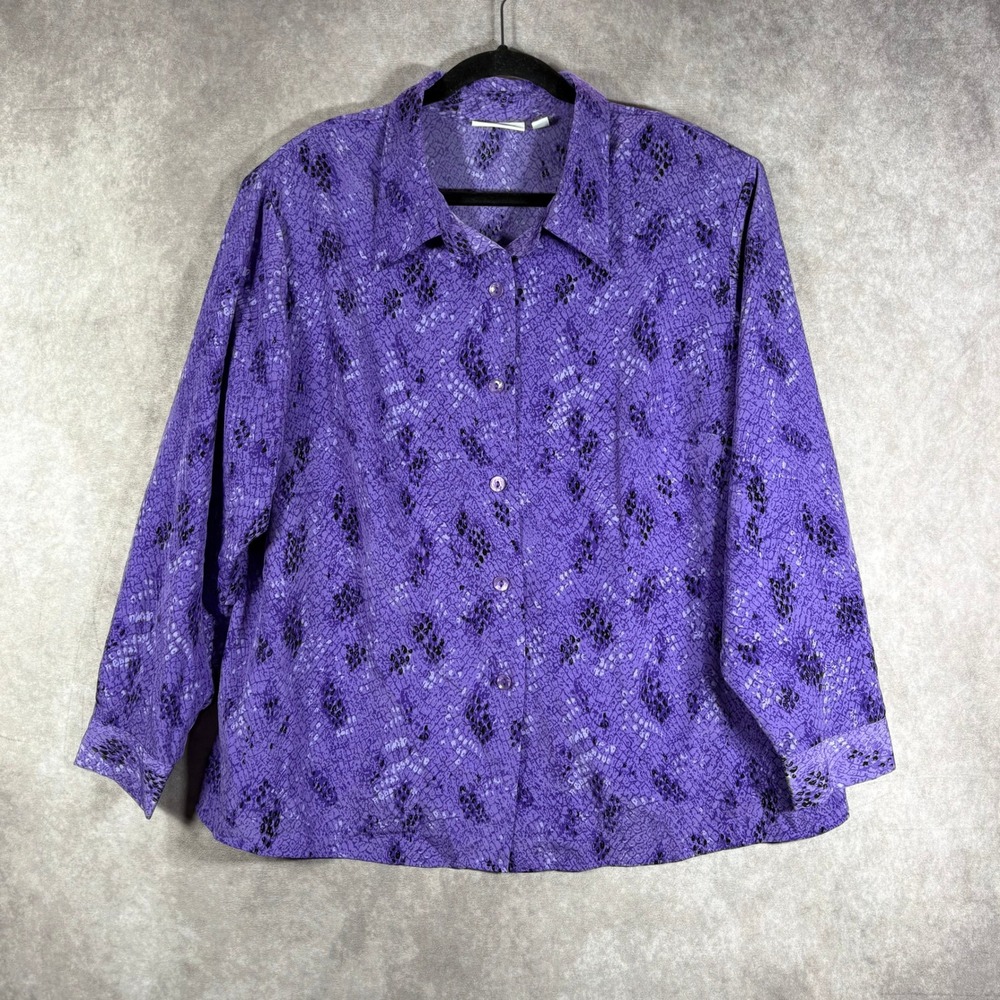 Susan Graver Button Down Shirt Womens‎ 1X Purple Animal Print Long Sleeve Blouse